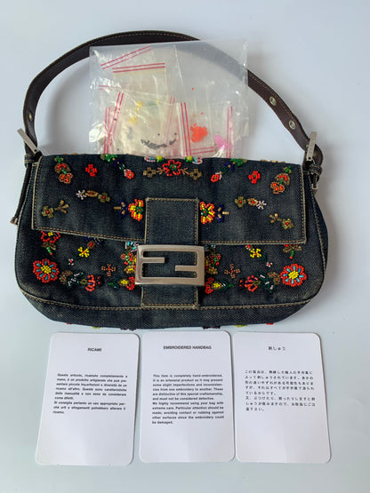 FENDI Baguette Blue Denim with beaded Flower Embroidery