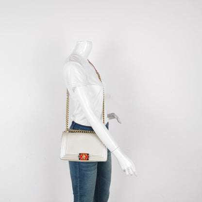 Chanel Le Boy Medium White Pearlescent Waffle Lambskin Leather Red Lock 2013-2014