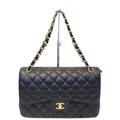 CHANEL Classic Jumbo Caviar Leather Double Flap Shoulder Bag Black