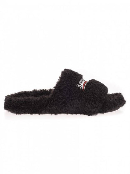 Luxury Balenciaga Trending 2025 Furry Logo Slippers Black