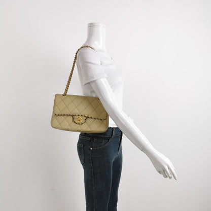 Chanel Classic Flap Medium Happy Stitch Beige Leather with Contrast Black Trim