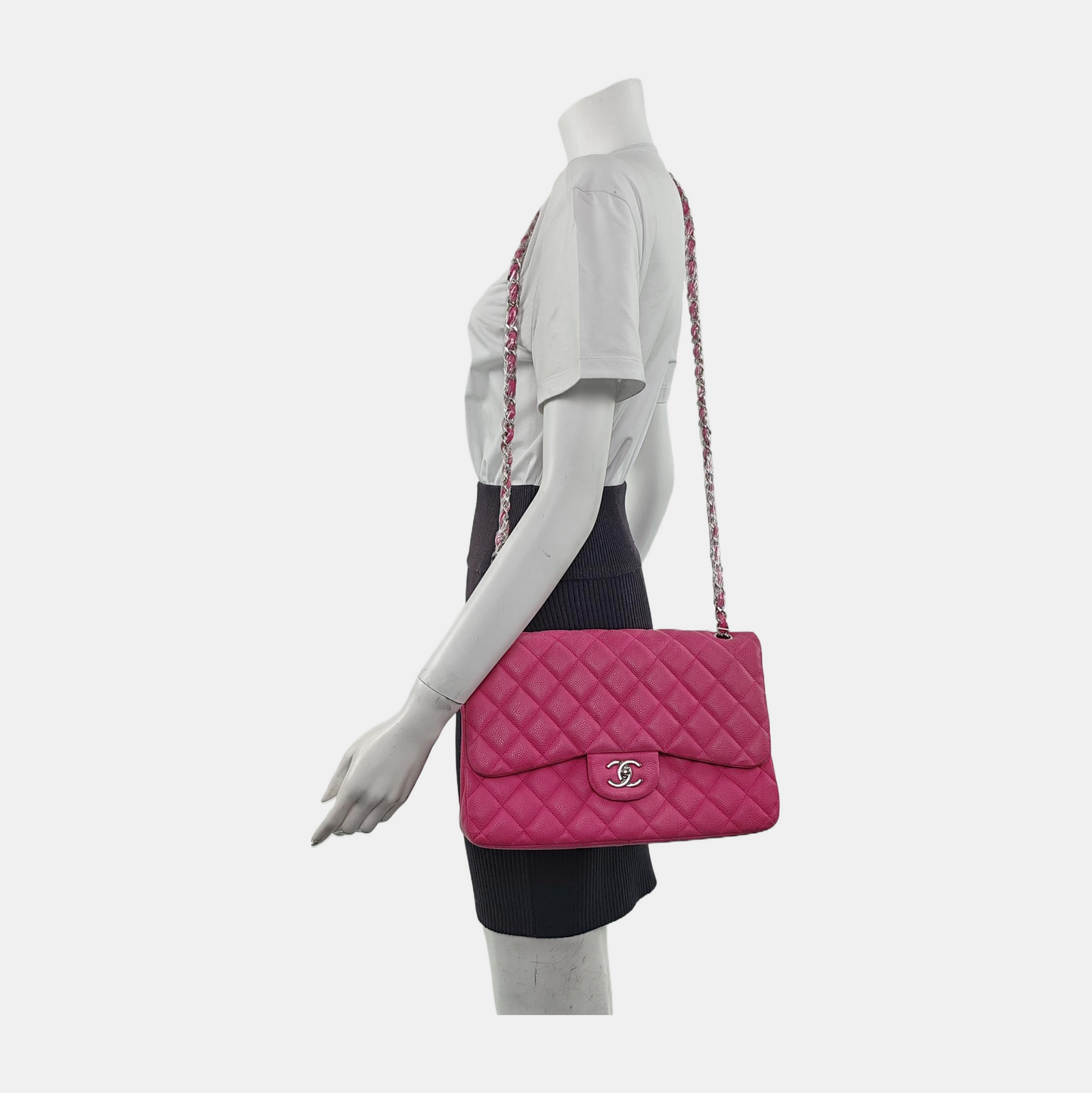 Chanel Classic Flap Jumbo Pink Caviar Leather Double Flap Silver Hardware, 2013-14