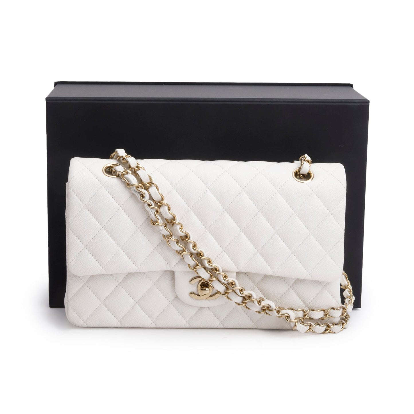 Chanel White Quilted Caviar Leather Classic Medium Double Flap Bag
