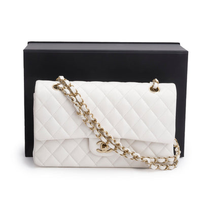 Chanel White Quilted Caviar Leather Classic Medium Double Flap Bag