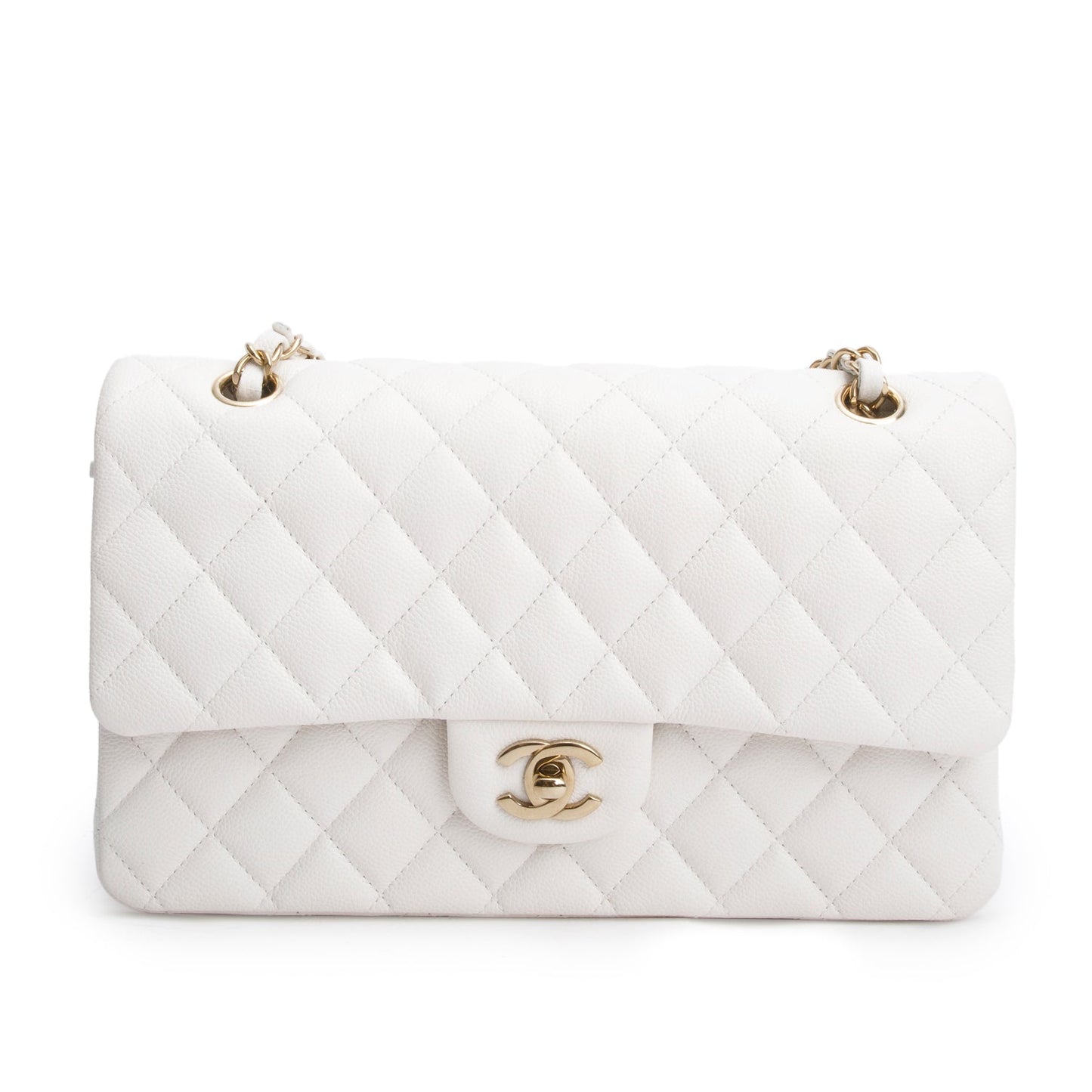 Chanel White Quilted Caviar Leather Classic Medium Double Flap Bag