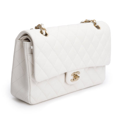 Chanel White Quilted Caviar Leather Classic Medium Double Flap Bag