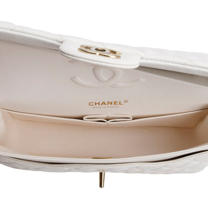 Chanel White Quilted Caviar Leather Classic Medium Double Flap Bag