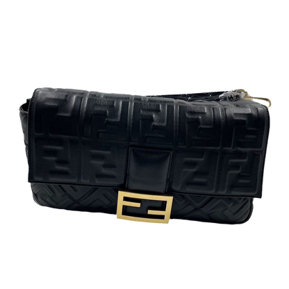 Fendi Baguette Black Leather 3D FF Motif Crossbody bag Large