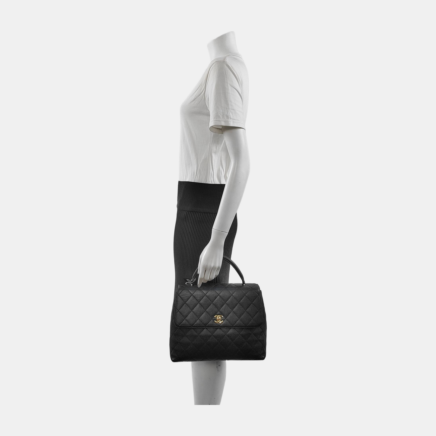 Chanel Vintage Top Handle Kelly Black Caviar Leather 24k Gold Plated Hardware