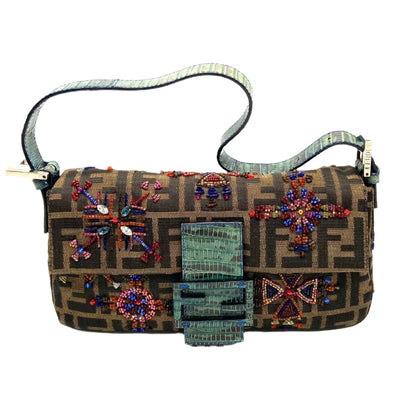 Fendi Baguette Zucca Monogram with Beaded Floral Embroidery