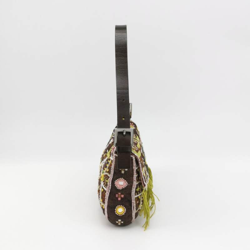Fendi Baguette Vintage Brown Canvas with embroidery sequins mirrors and tassels