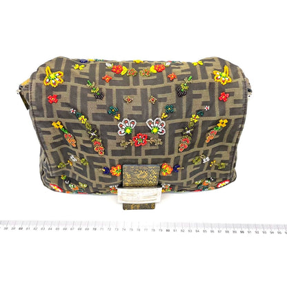 Fendi Mamma Baguette Zucca Monogram Floral Beaded Embroidery Lizard Strap