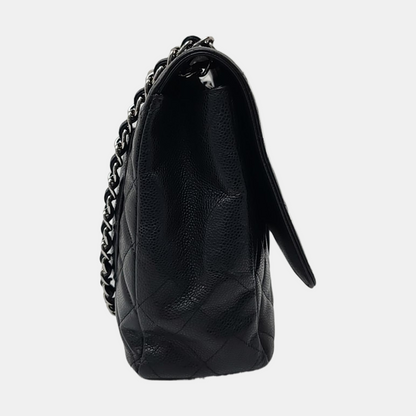 Chanel Classic Flap Maxi Black Caviar Leather Single Flap with Silver Hardware