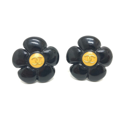 CHANEL Earring plastic black 96P COCO Mark Flower Black