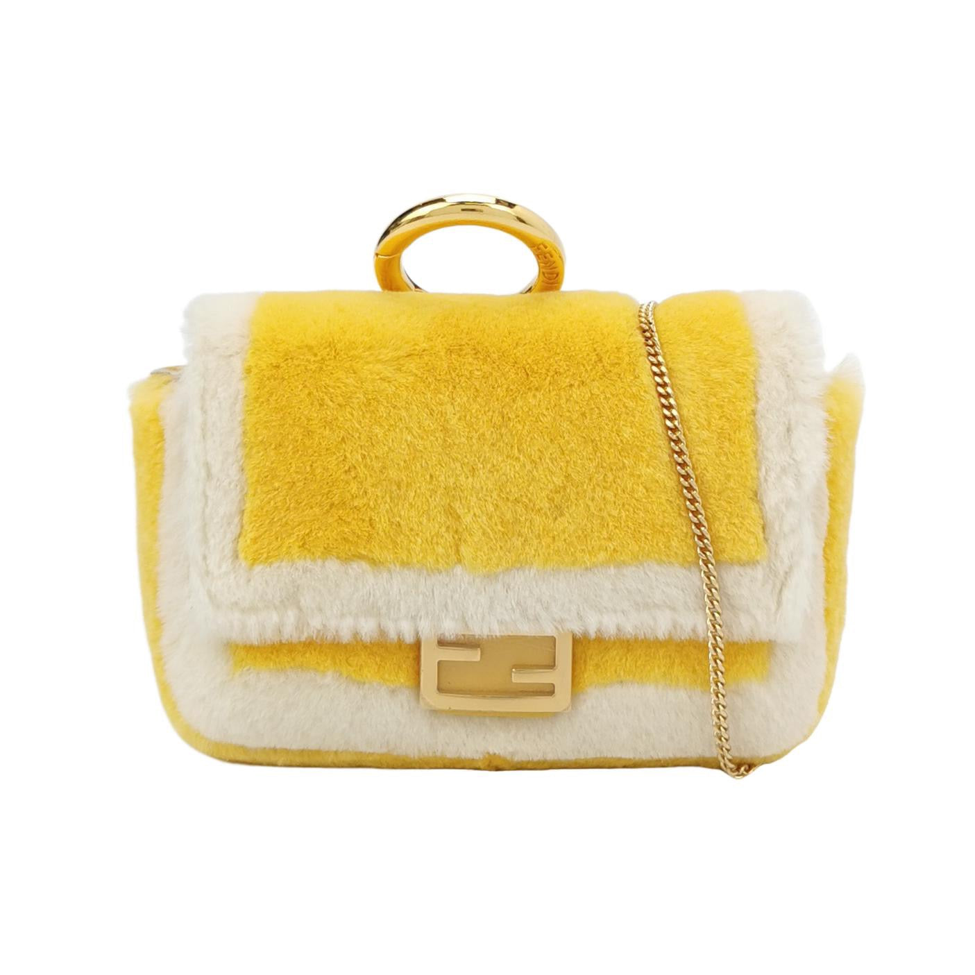 Fendi Nano Baguette Charm Yellow Synthetic Fur with Chain