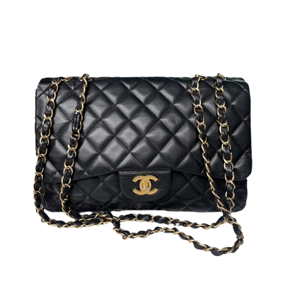 Chanel Classic Flap Jumbo Vintage Black Lambskin Leather with 24k Gold Hardware