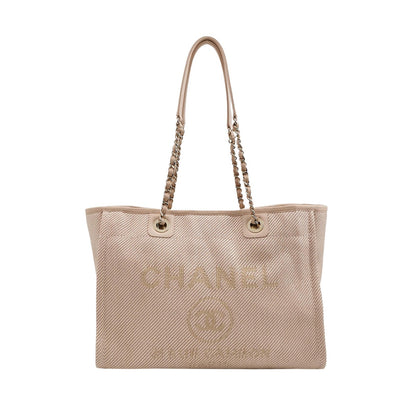 Chanel Deauville Tote Light Pink Cloth Leather Chain Strap Small 34cm