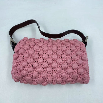 Fendi Baguette Bag Pink Crochet Knit Wool Pompom Shoulder Bag