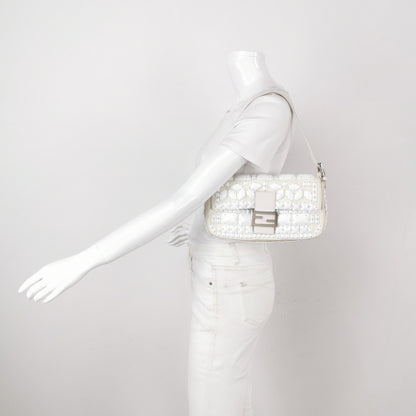 FENDI Baguette 1997 White Leather and Stones Zucca Interior Shoulder Bag