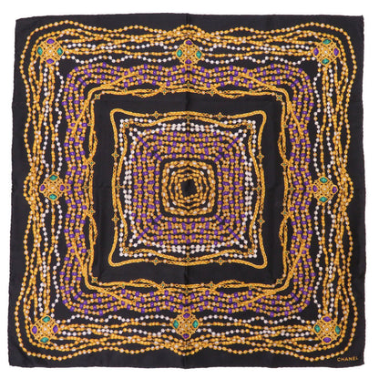 CHANEL scarf silk black Stone necklace motif Women