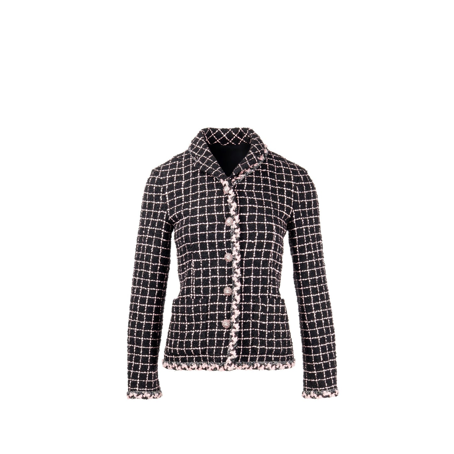 Chanel Size 36 Camellia Detailed Button Tweed Jacket Wool/Polyamide Black/Pink
