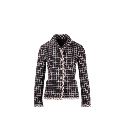 Chanel Size 36 Camellia Detailed Button Tweed Jacket Wool/Polyamide Black/Pink