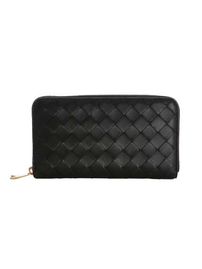 Luxury Bottega Veneta Intrecciato Zipper Around Closure Leather Long Wallet Black