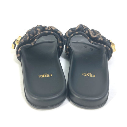 FENDI Sandals 8X8142 polyester Brown Shoes Shower Sandals Pool Sandals Feel Slide Pleated Women 35