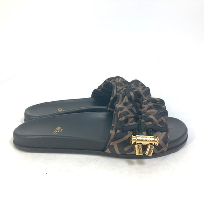 FENDI Sandals 8X8142 polyester Brown Shoes Shower Sandals Pool Sandals Feel Slide Pleated Women 35