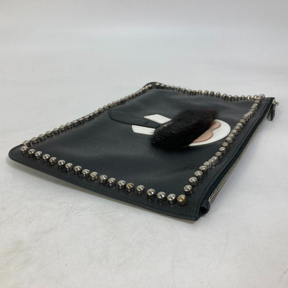 FENDI Clutch bag Leather, Fur black studded pouch Karl Lagerfeld Carlito mens