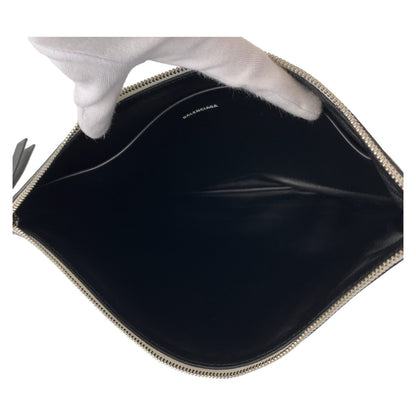 BALENCIAGA Clutch bag leather Black Green SilverMetal Clutch bag business bag Magazine Print mens