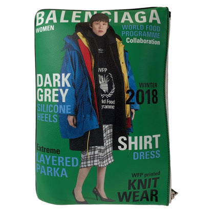 BALENCIAGA Clutch bag leather Black Green SilverMetal Clutch bag business bag Magazine Print mens