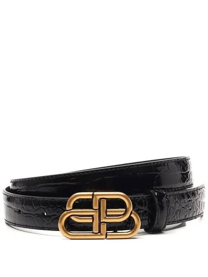 Luxury Balenciaga Trending 2025 WoMen's Crocodile Embossed BB Buckle Thin Belt Black