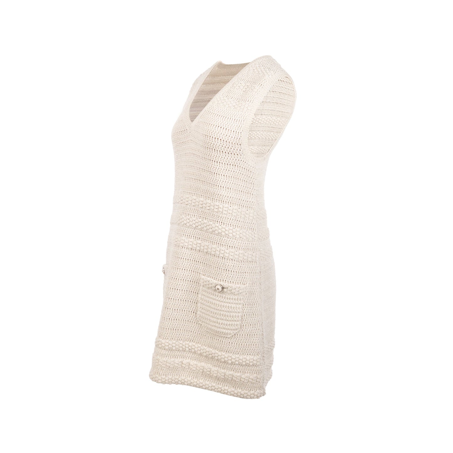 Chanel Size 36 21B Knit Sleeveless Mini Dress Wool Ecru / Silver