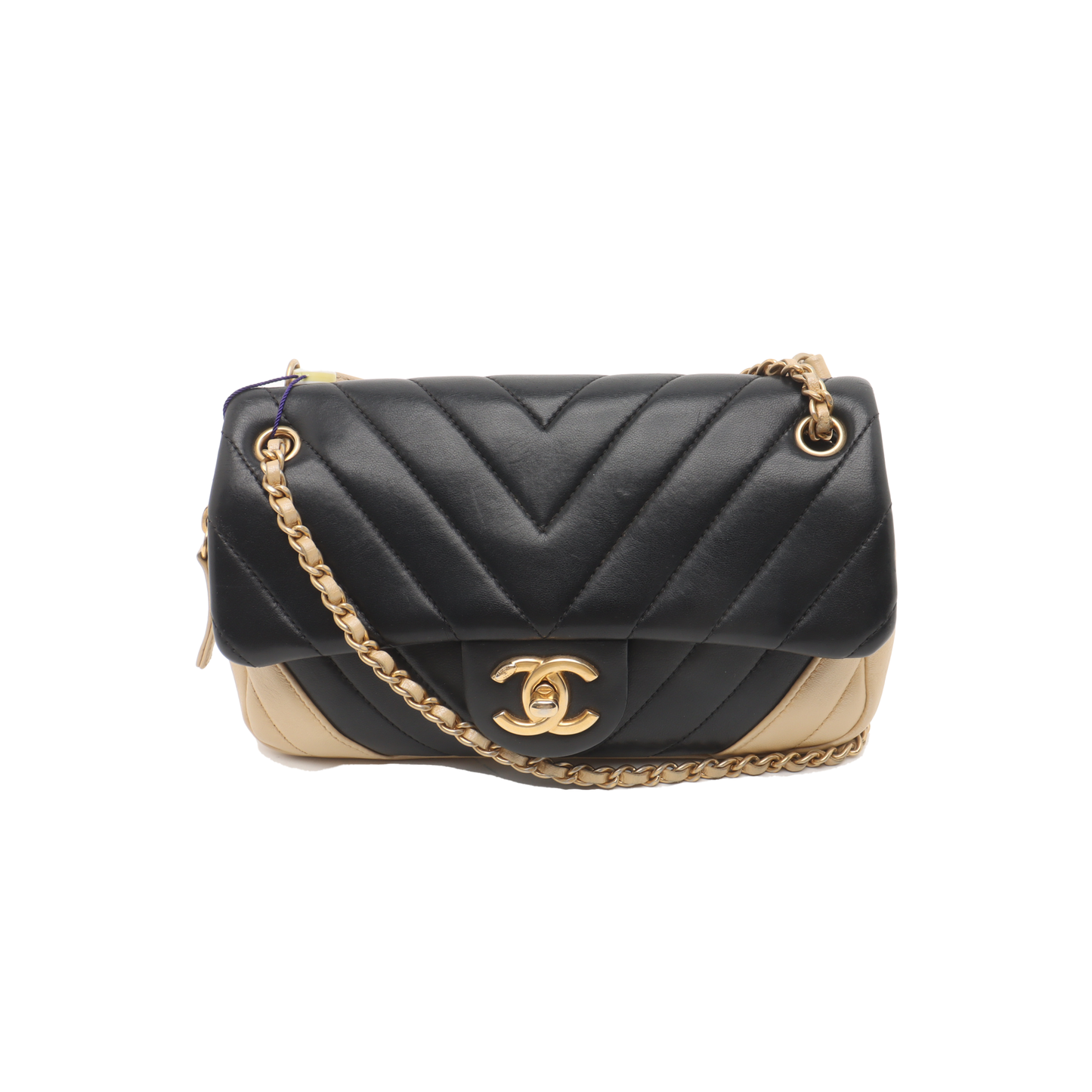 Chanel Small Bicolor Chevron Lambskin Single Flap Bag Black and Gold, 2014-15