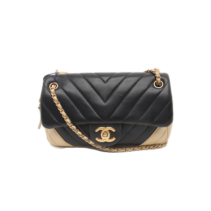 Chanel Small Bicolor Chevron Lambskin Single Flap Bag Black and Gold, 2014-15