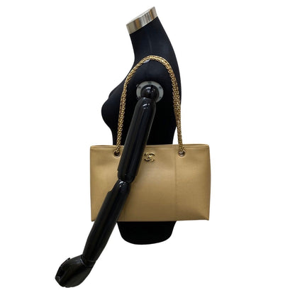 CHANEL Tote Bag leather beige Caviar skin Chain tote Women