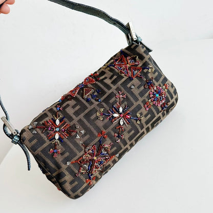 Fendi Baguette Zucca Monogram with Beaded Floral Embroidery