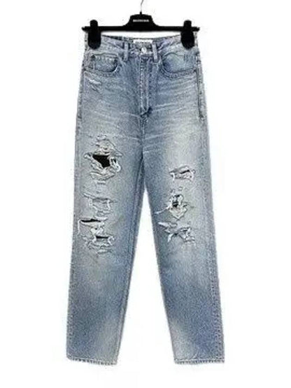Luxury Balenciaga Trending 2025 WoMen's Distressed Denim Straight Jeans Vintage Blue
