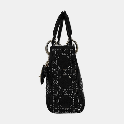 Lady Dior Mini Black Silk with Crystals Silver Hardware