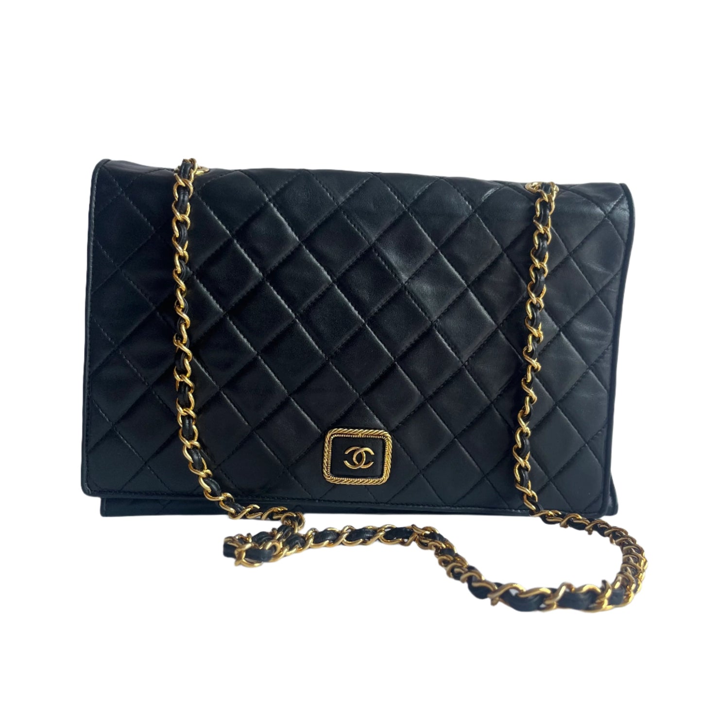 Chanel Vintage Flapbag With Gold Logo Closure Black Lambskin Leather