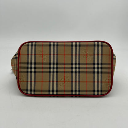 Luxury Burberry House Check Beige Red Leather Trim Handbag Medium