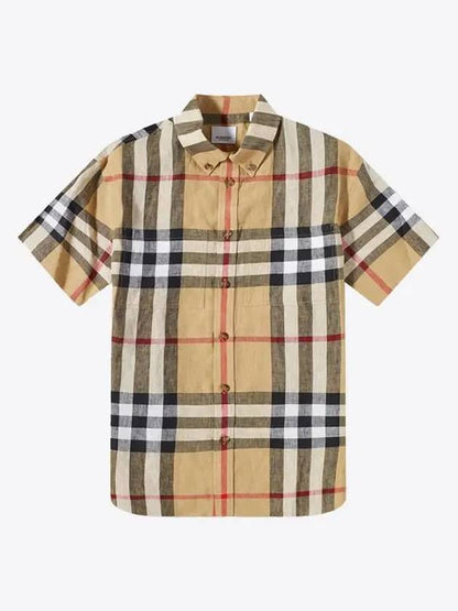 Luxury Burberry Linen Tartan Check Short Sleeve Shirt Brown