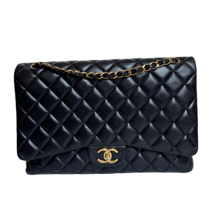 Chanel Classic Flap Maxi Black Lambskin Leather Double Flap with Gold-tone Hardware