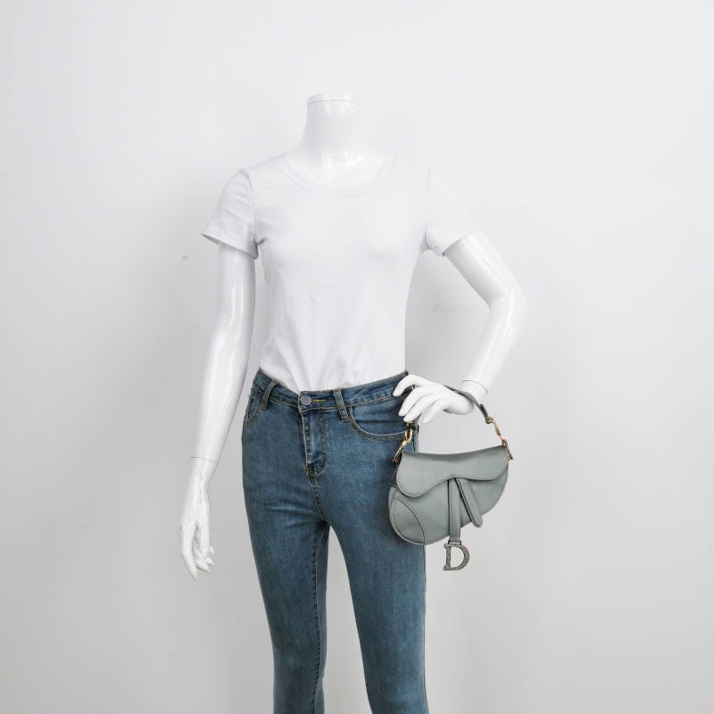Dior Saddle Mini Silk Blue Grey with Crystal Embedded Buckles