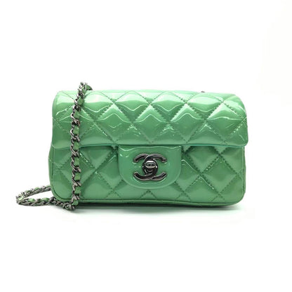 Chanel Classic Flap Super Mini Green Patent Leather Silver Chain