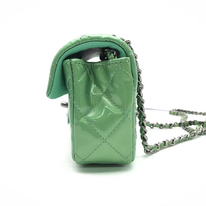 Chanel Classic Flap Super Mini Green Patent Leather Silver Chain