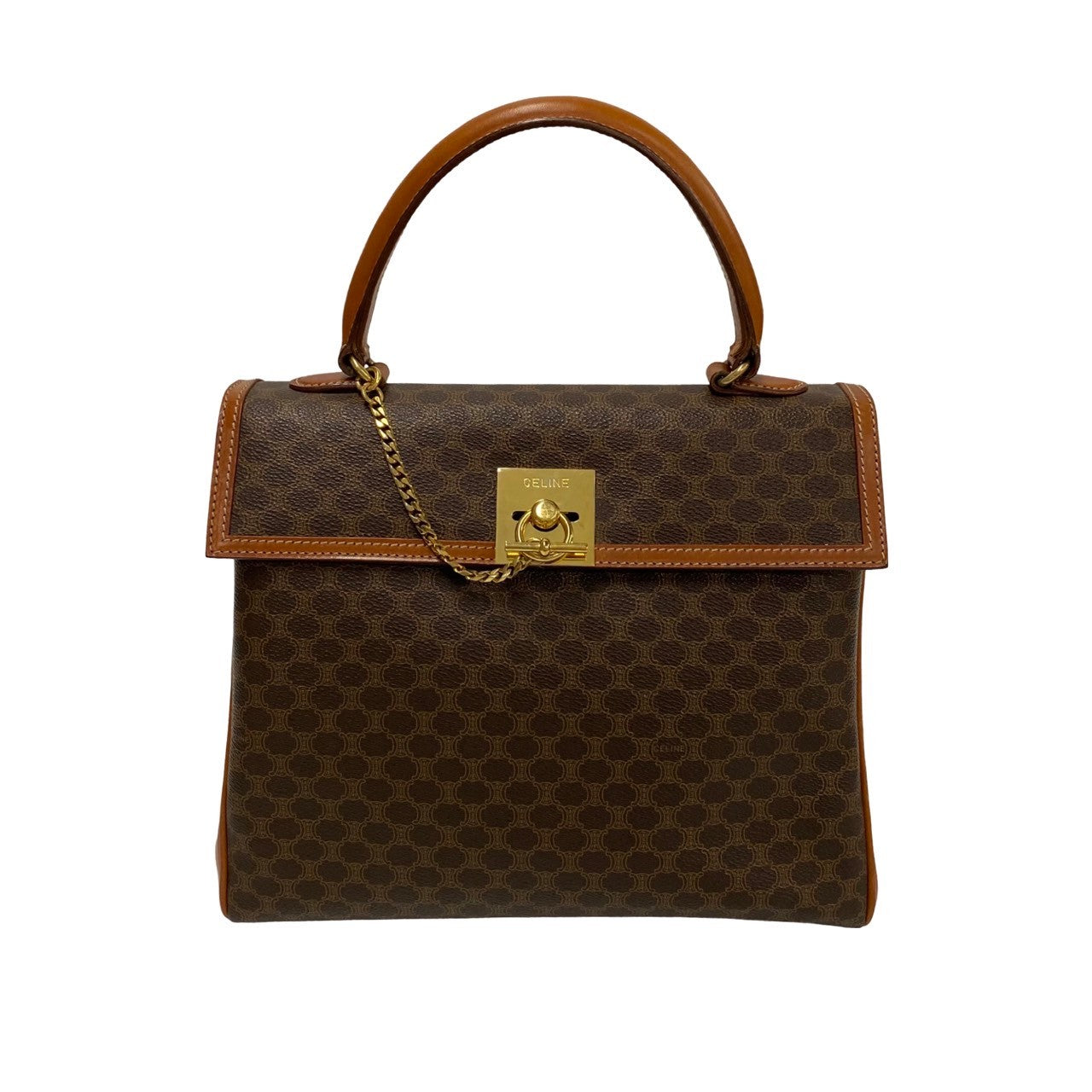 CELINE Handbag Leather, PVC Brown Macadam Blason Triomphe Pattern logo ring Metal Women(Unisex)