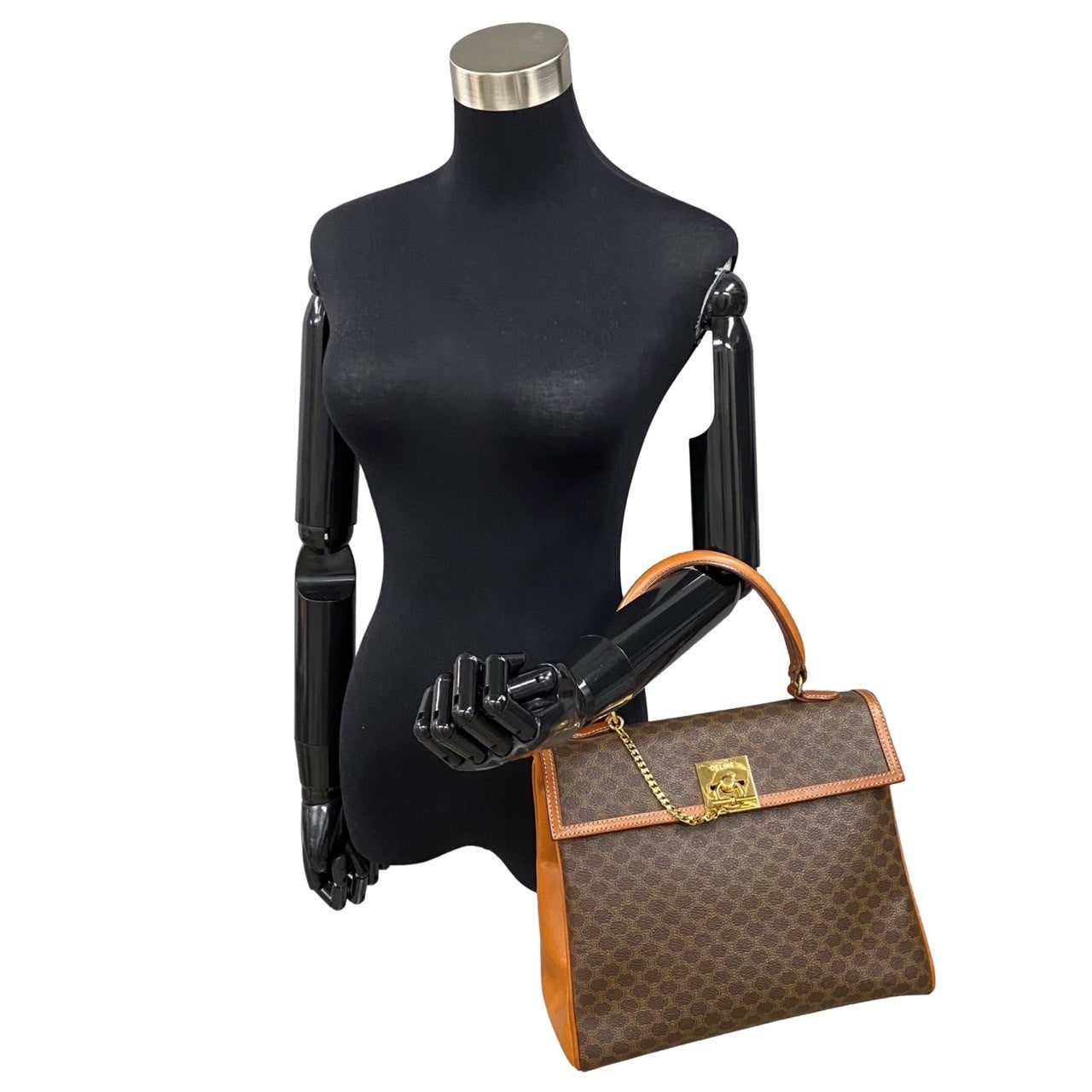 CELINE Handbag Leather, PVC Brown Macadam Blason Triomphe Pattern logo ring Metal Women(Unisex)