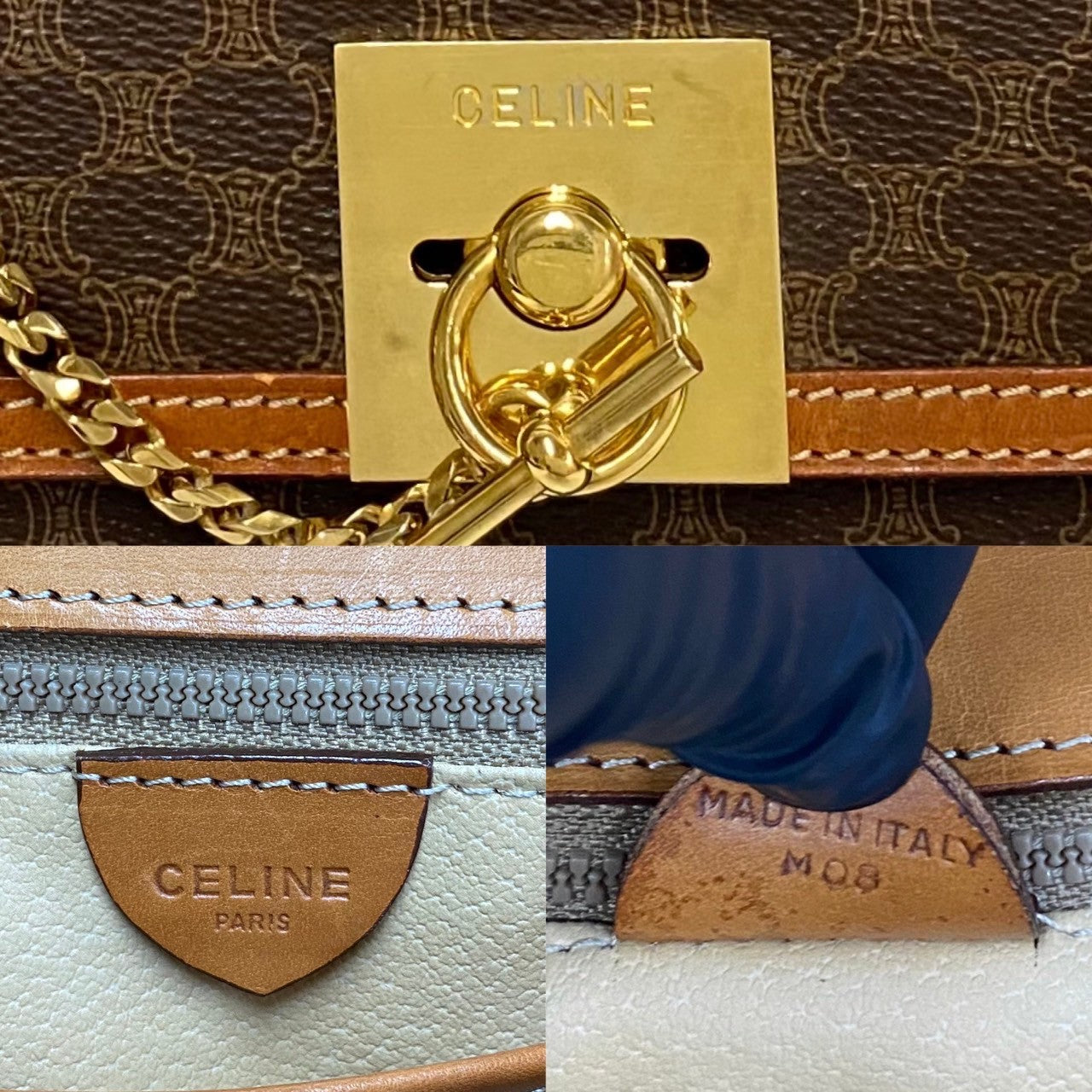 CELINE Handbag Leather, PVC Brown Macadam Blason Triomphe Pattern logo ring Metal Women(Unisex)